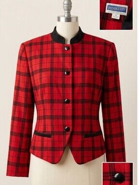 Pendleton Vintage 90's Red and Black Mandarin Collar Wool Jacket (Sz 10) Classic